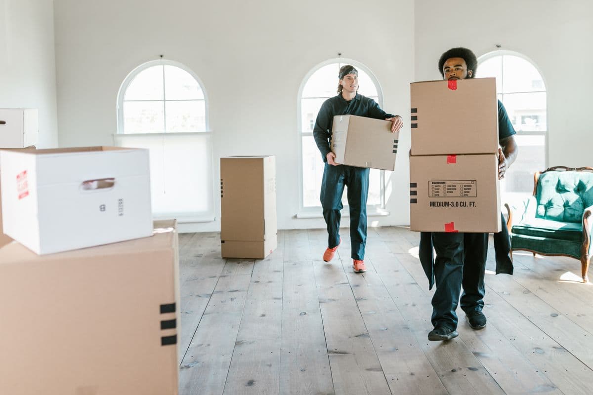 Professional movers carrying boxes into a new home